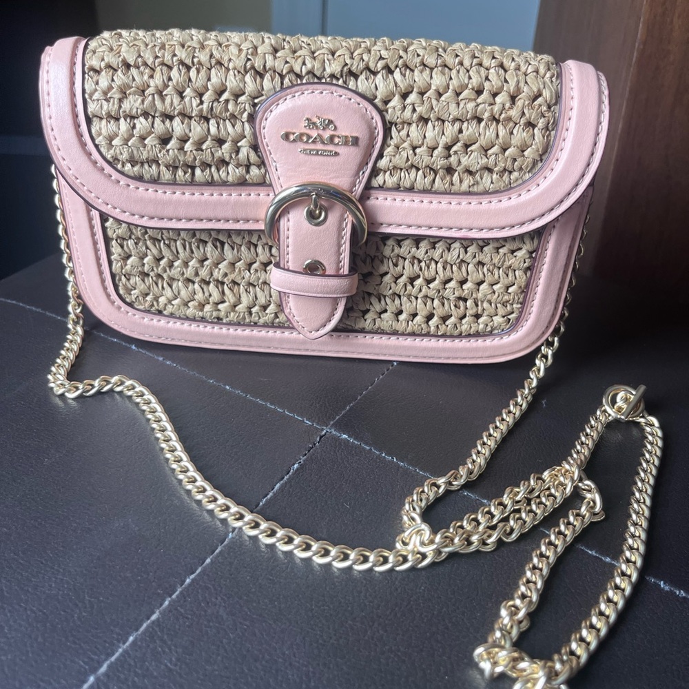 Coach Woven Tan and Pink Buckle Clutch - Picture 11 of 11